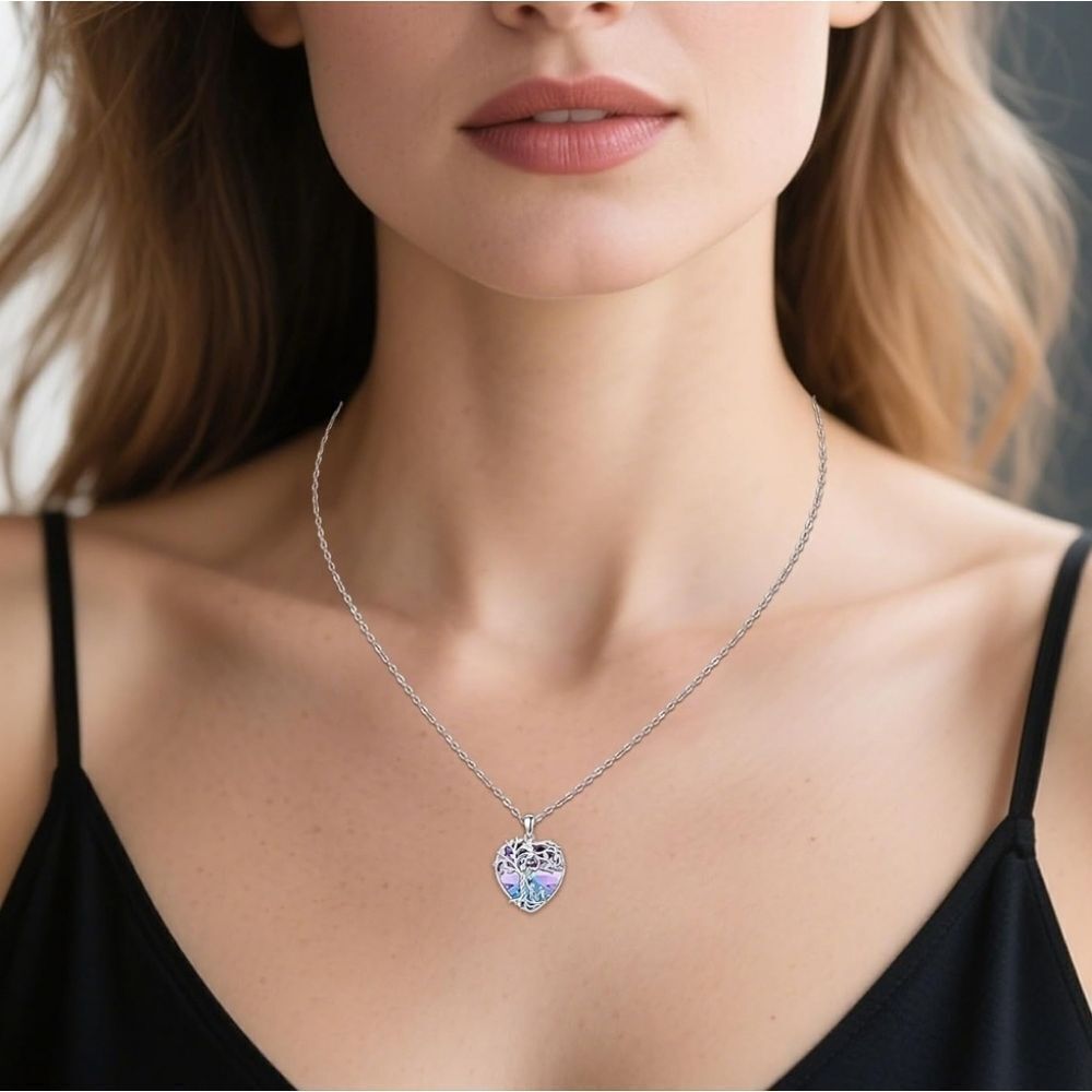 🩵⏭️NIB Sterling Silver Heart Tree Of Life Mom & Children Crystal Necklace